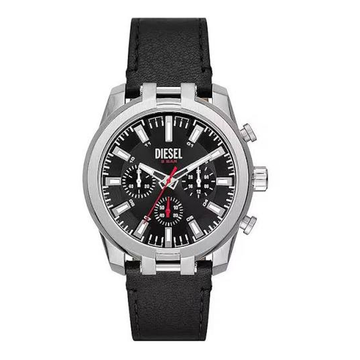 Diesel Split Chronograph Silver-Tone Black Leather Watch